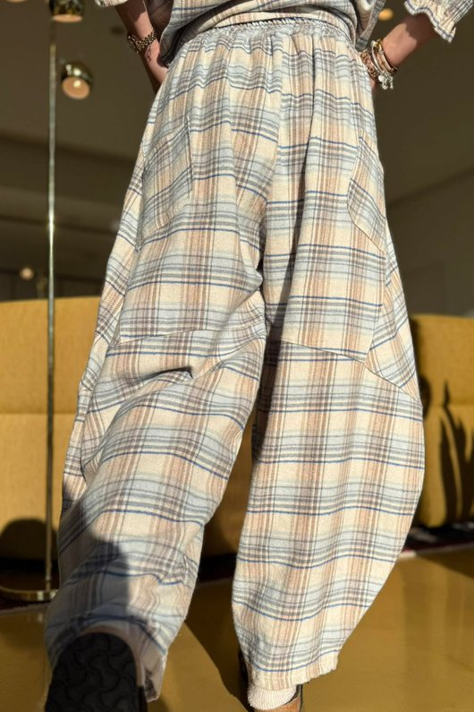 Agnes Plaid Brushed Cotton Barrel Pant Blue